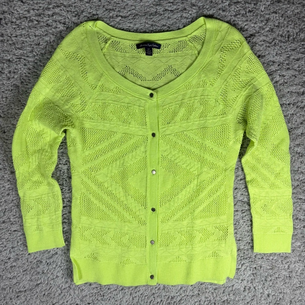 American Eagle Cardigan Womens Small Button Up Sweater Open Air Knit Aztec Neon
